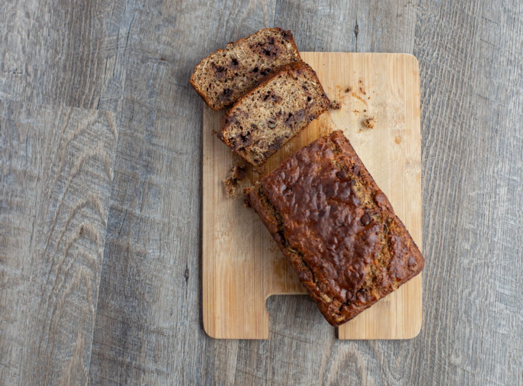 sliced loaf of chocolate chip banana bread