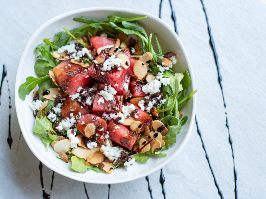 watermelon, arugula, toasted almonds and goat cheese salad