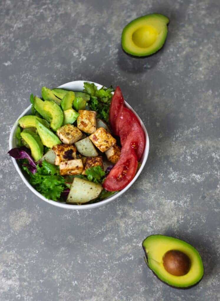 Tofu and potato breakfast salad with avocados