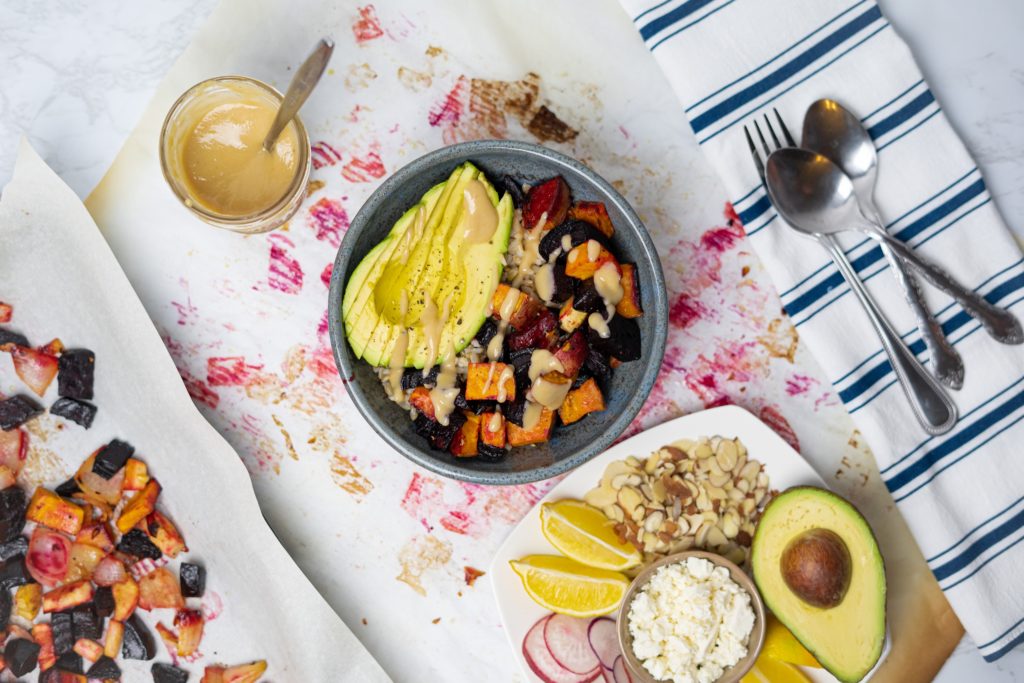 roasted root vegetable bowl with tahini