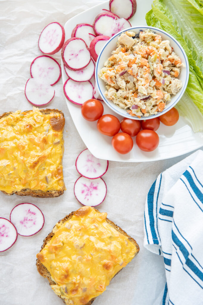 tuna melt and tuna salad in bowl