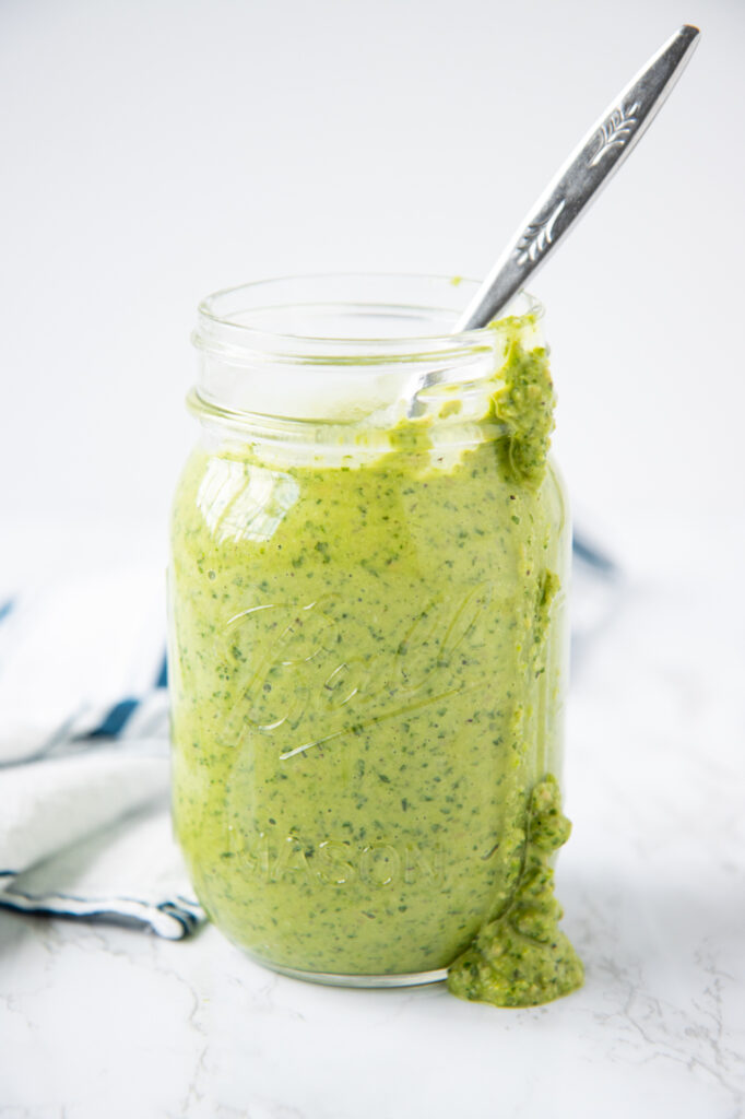 jar of arugula green pea pesto