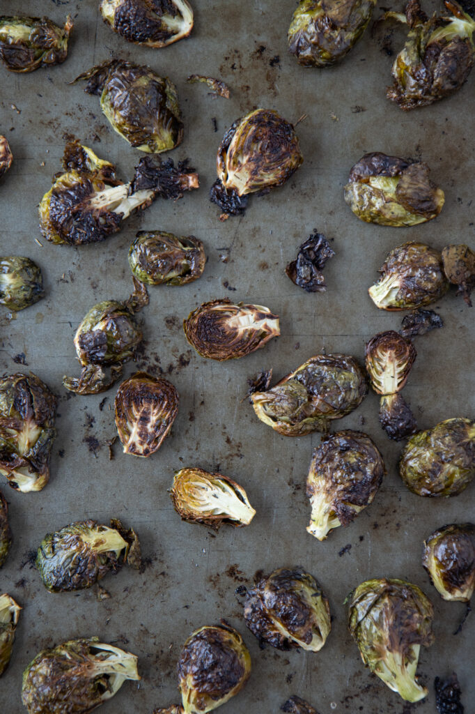 roasted brussels sprouts on a baking sheet