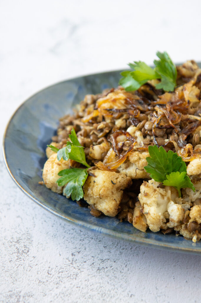 caramelized onions, lentils and cauliflower salad