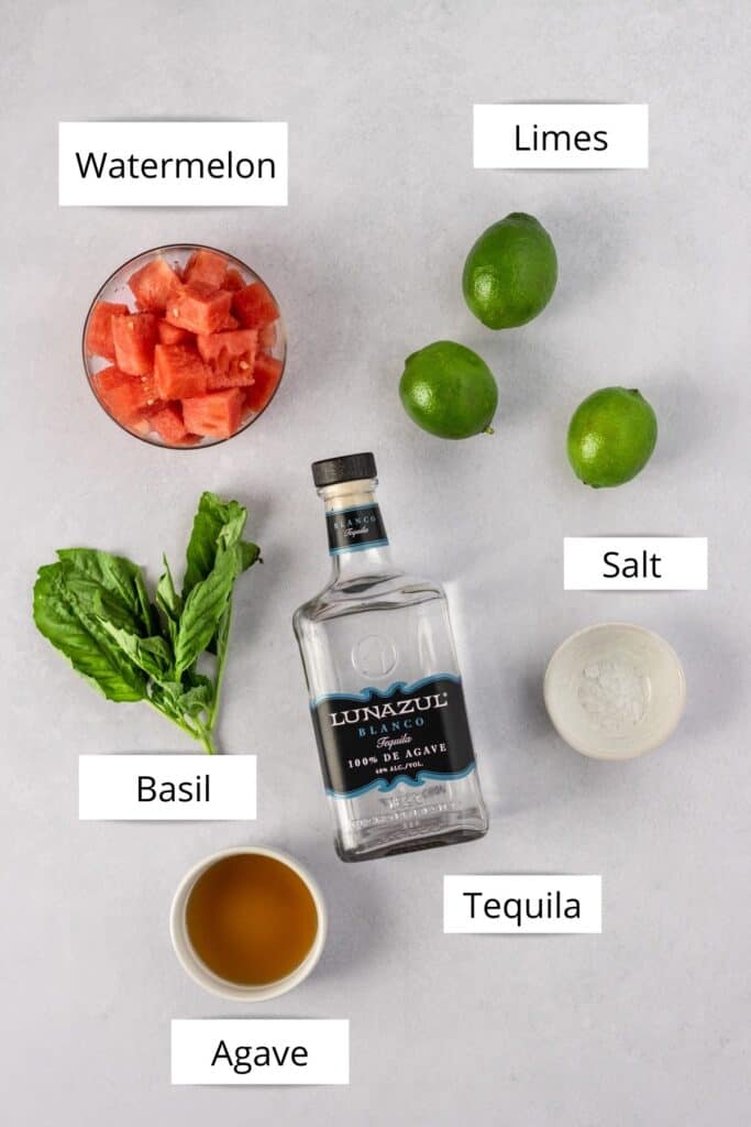 The ingredients needed to make a watermelon margarita.