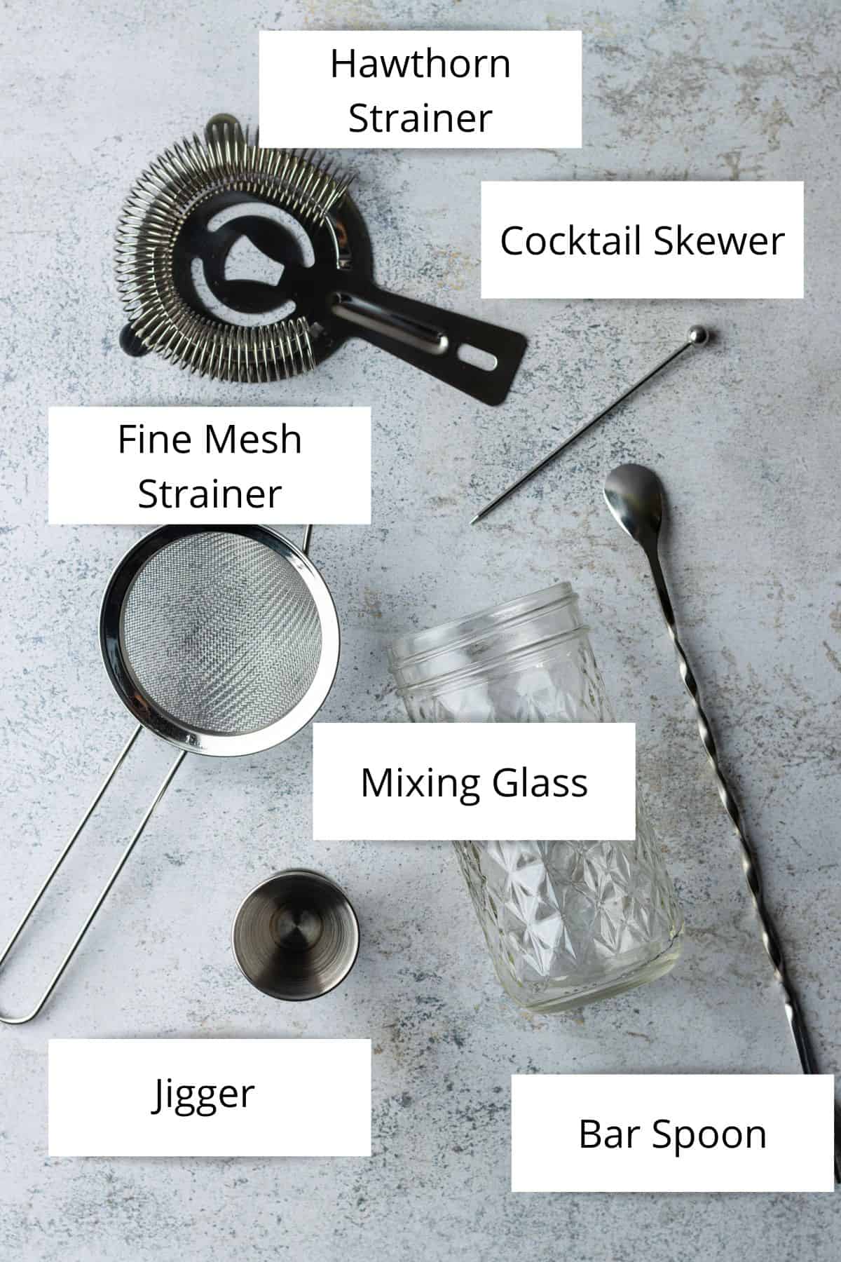 Equipment needs to make martini's including strainers, cocktail skewer, jigger, mixing glass and a bar spoon.
