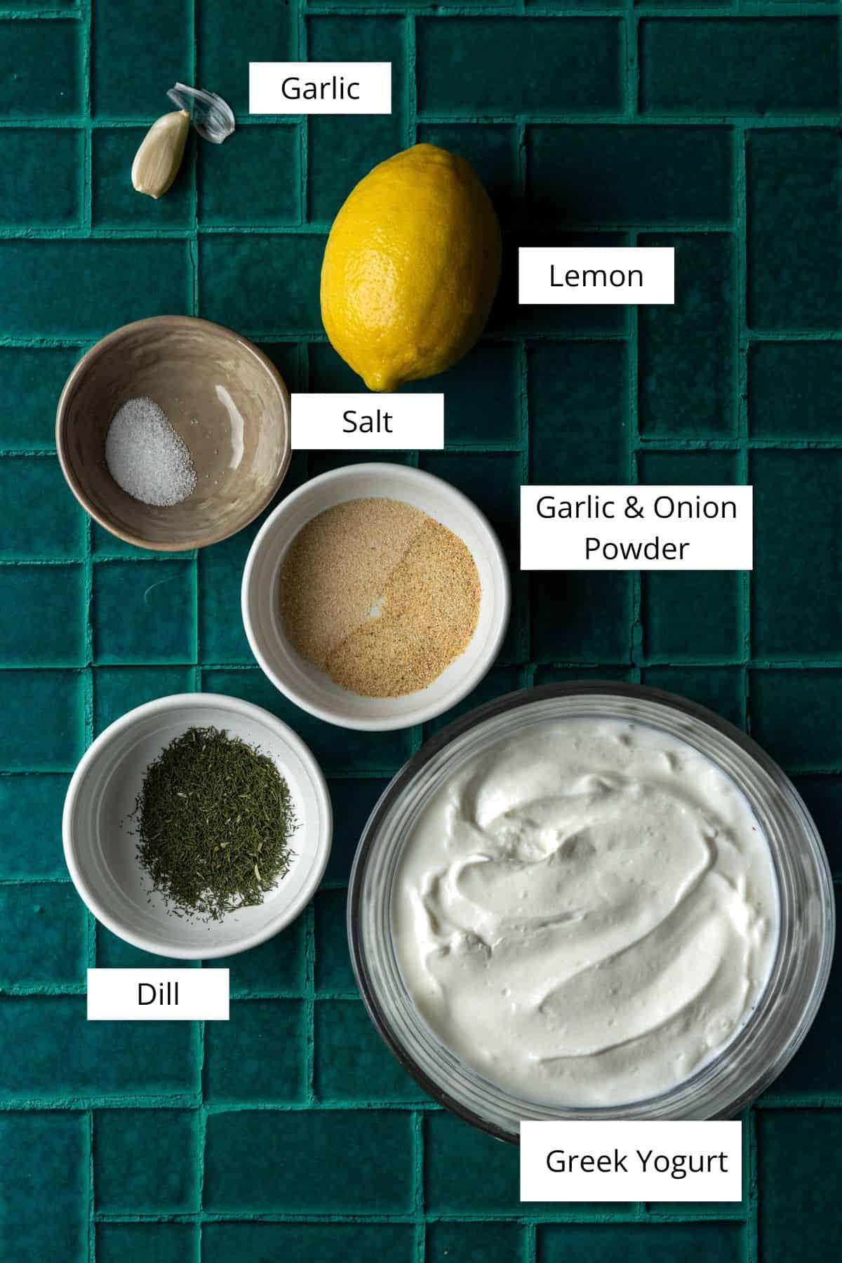 Ingredients for greek yogurt dill dip.