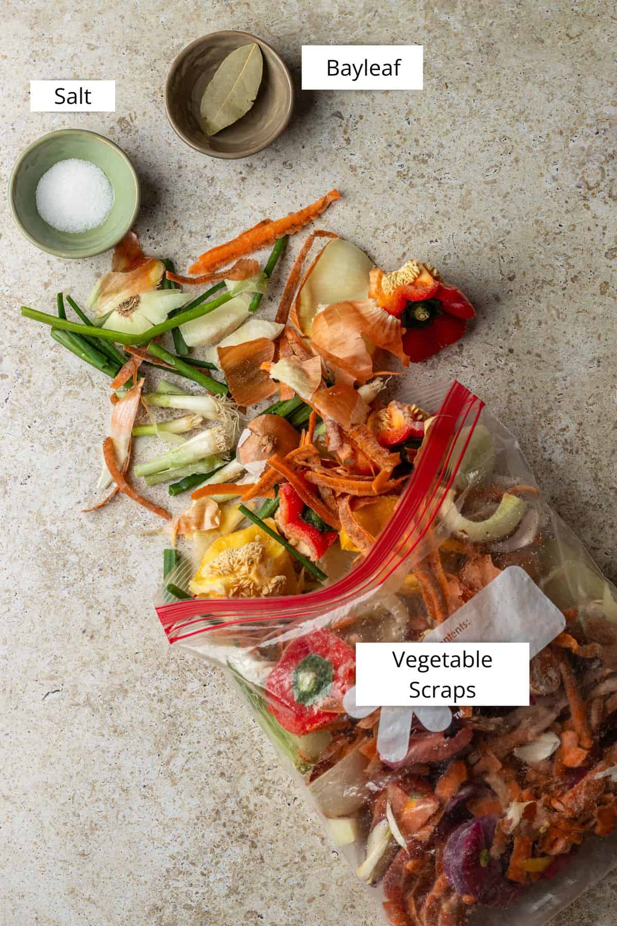 Ingredients needed to make vegetable broth using scraps.