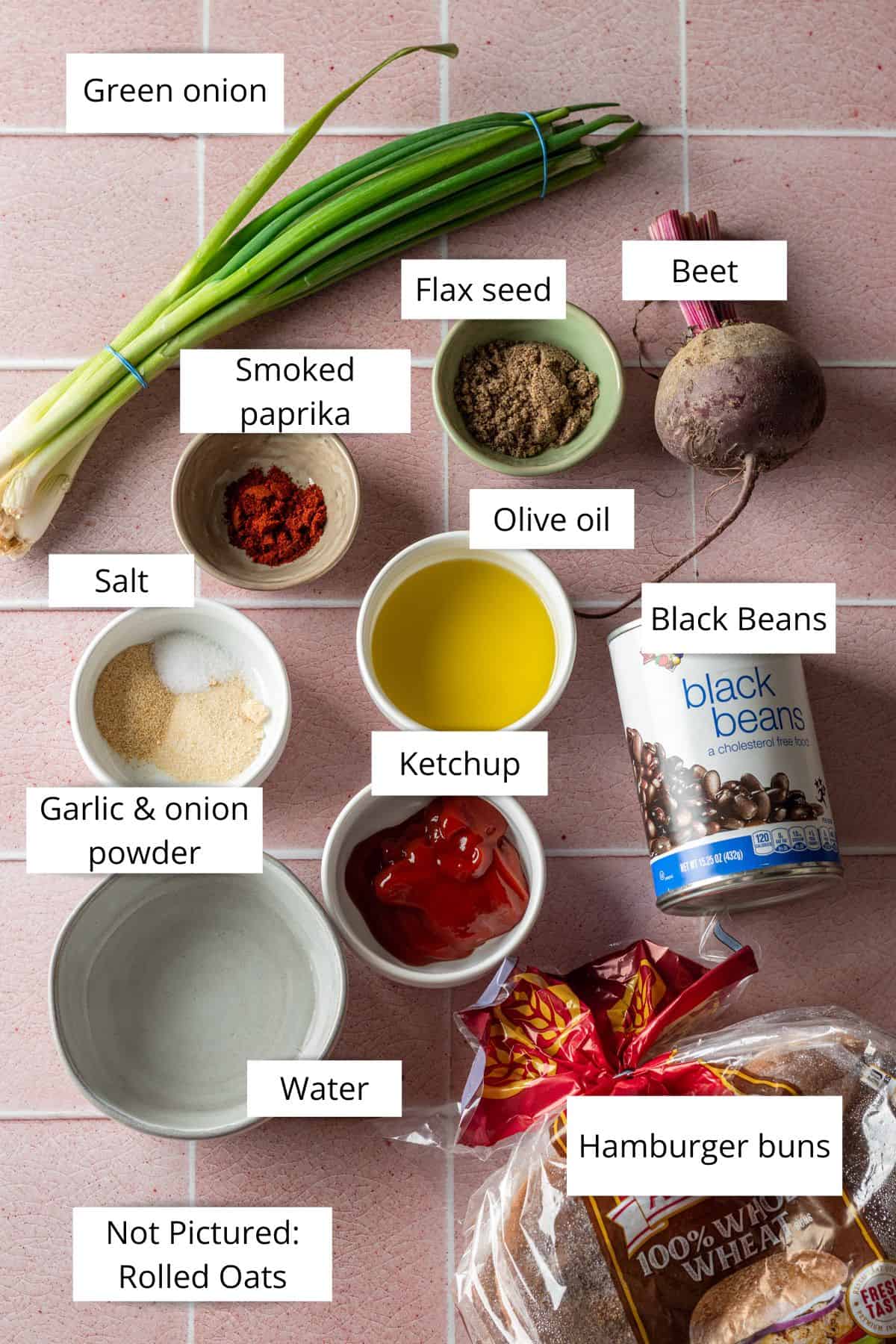 Ingredients needed to make beet black bean burgers.