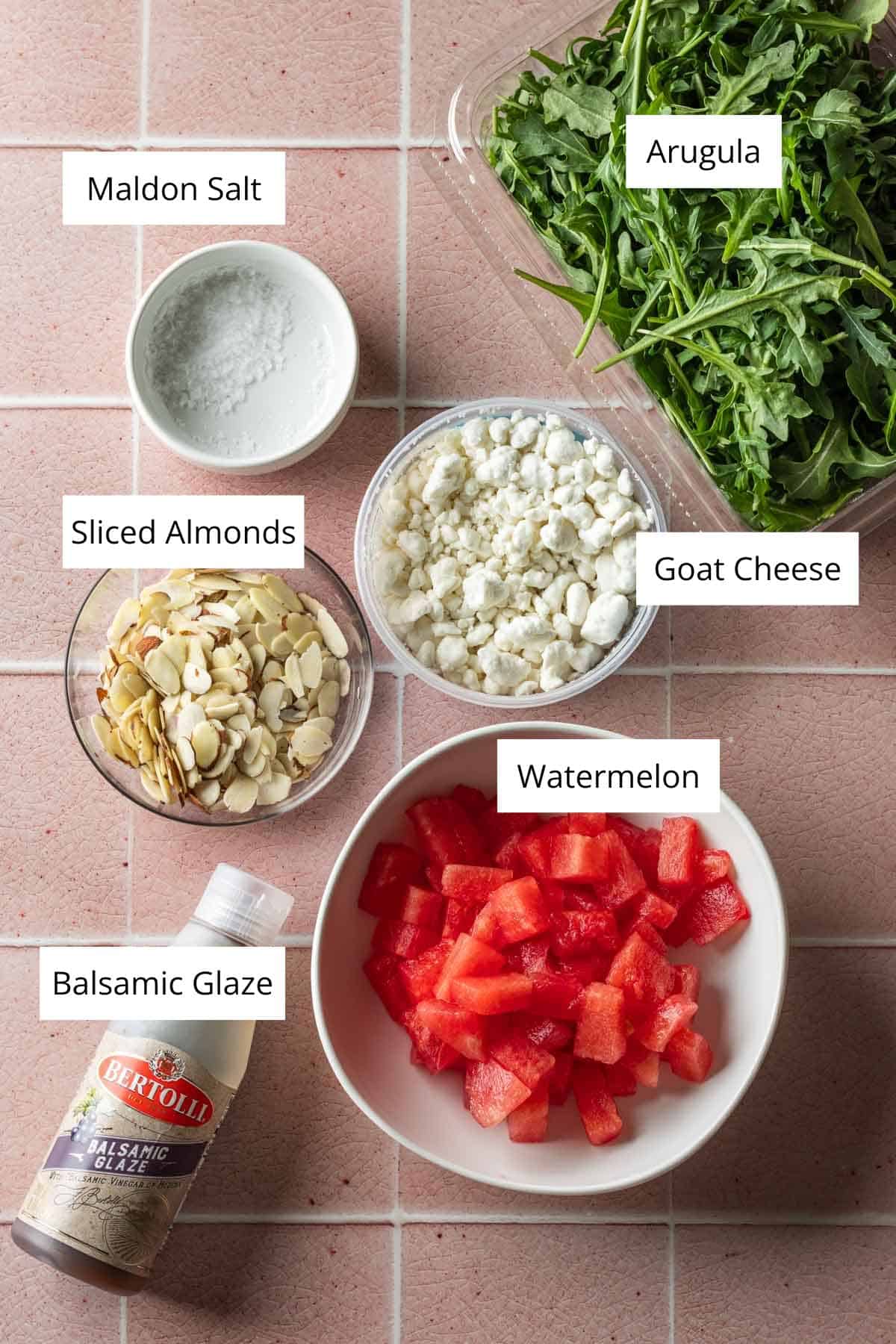 Ingredients for watermelon arugula goat cheese salad.