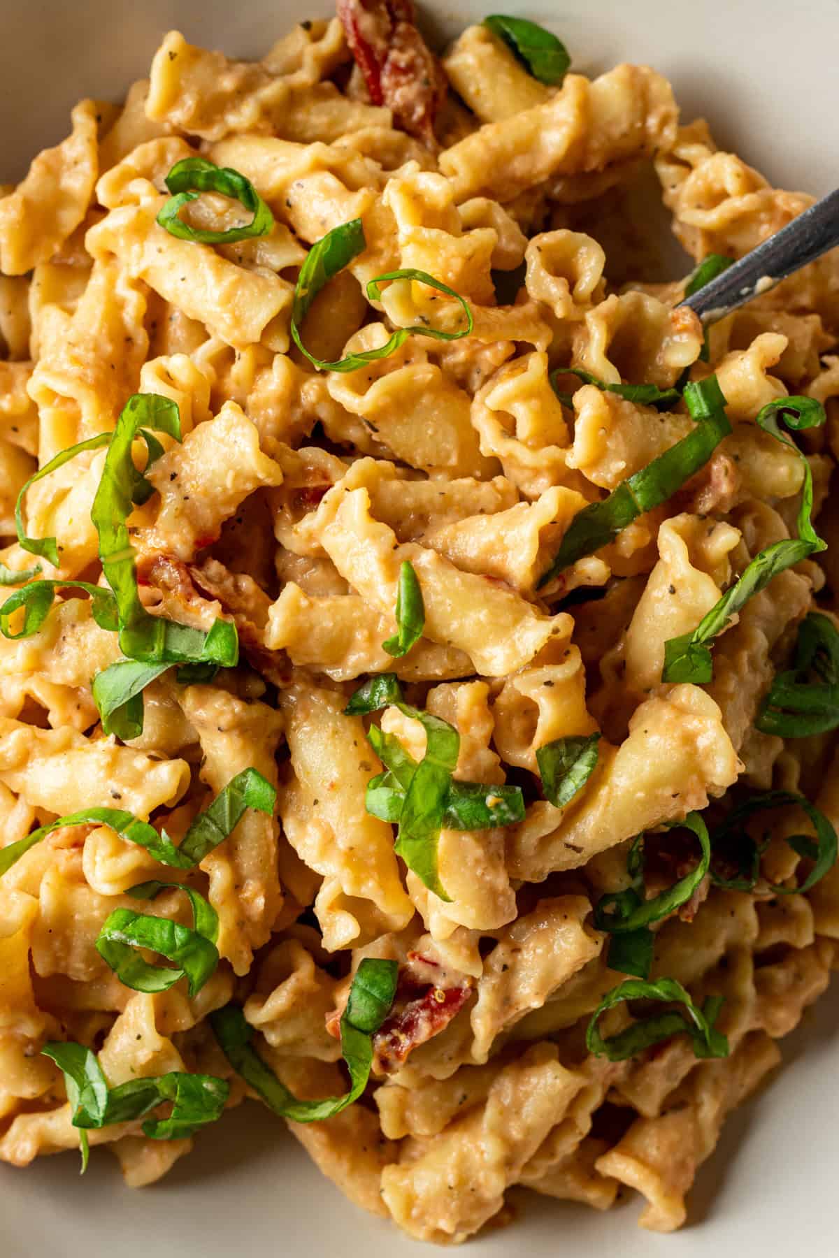 Close up of campanelle pasta tossed in sun-dried tomato cauliflower sauce.