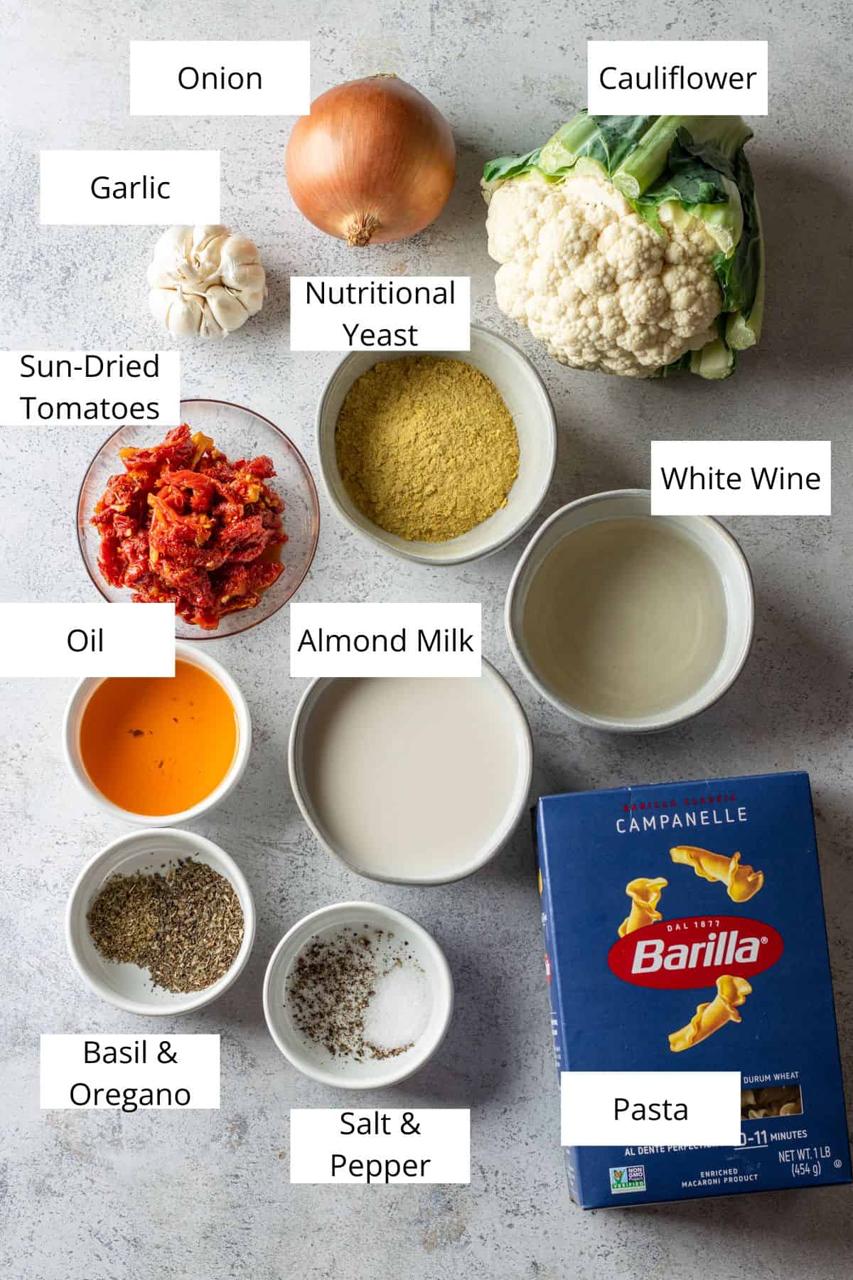 Ingredients for cauliflower pasta sauce with sun-dried tomatoes.