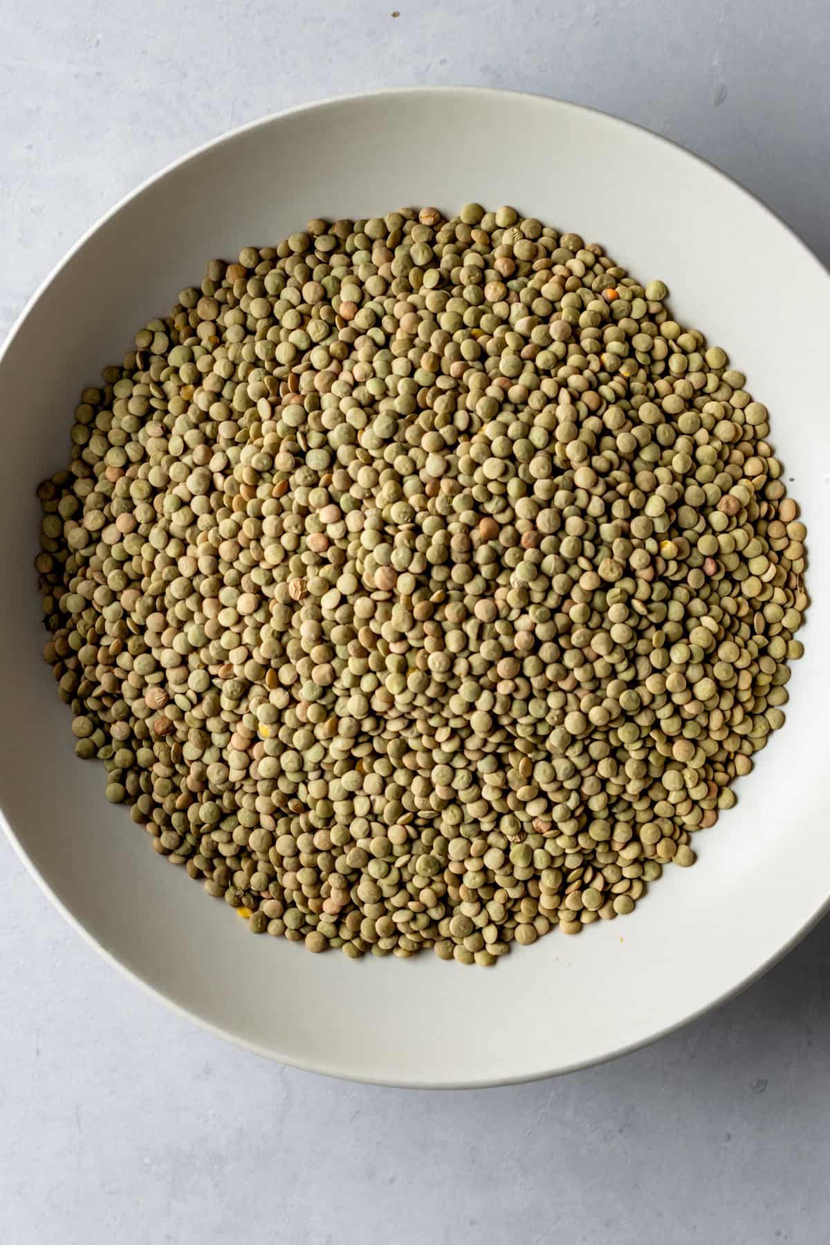 A bowl of dried brown lentils.
