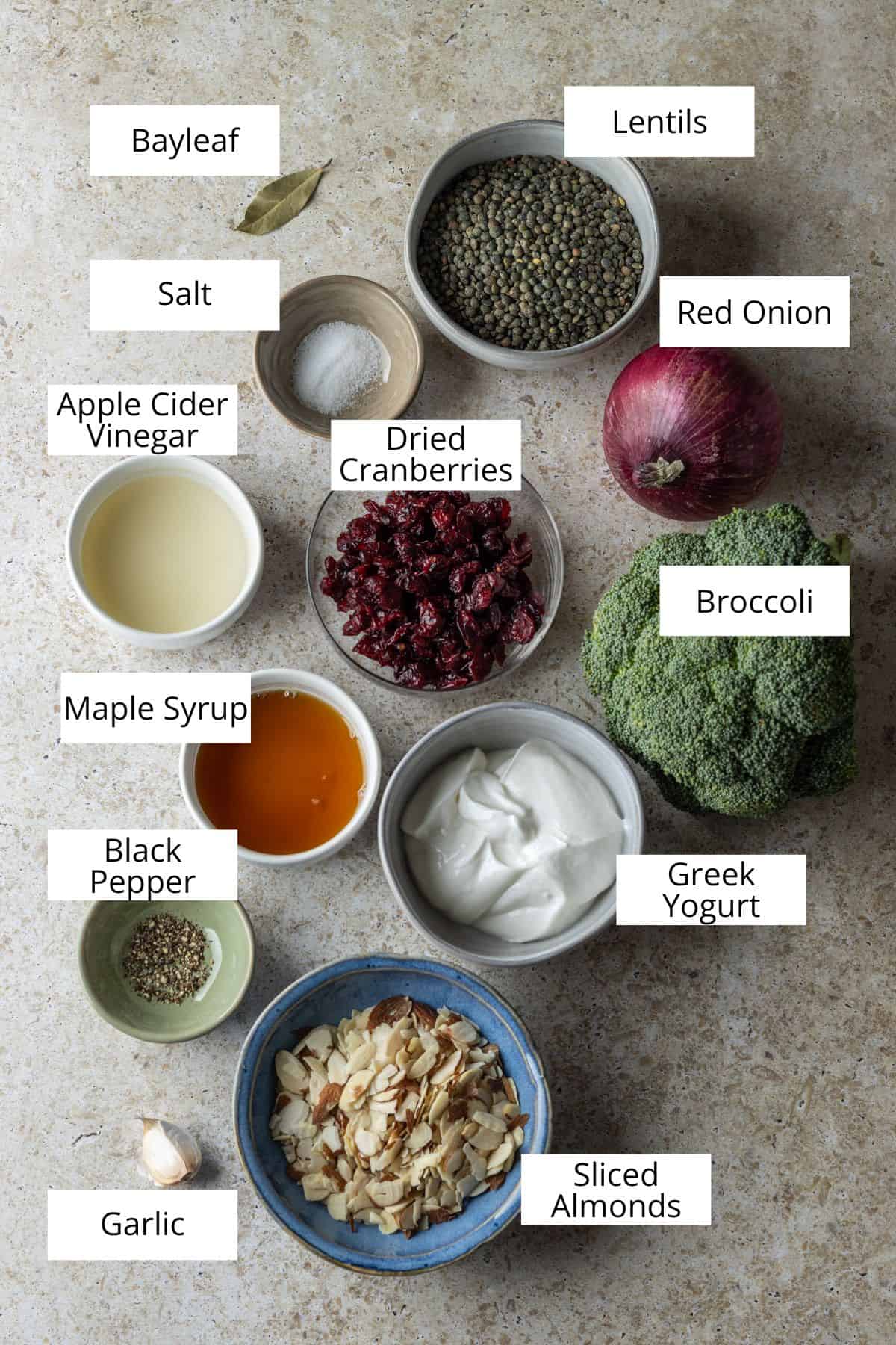 The ingredients for broccoli lentil salad with mayo-free dressing.