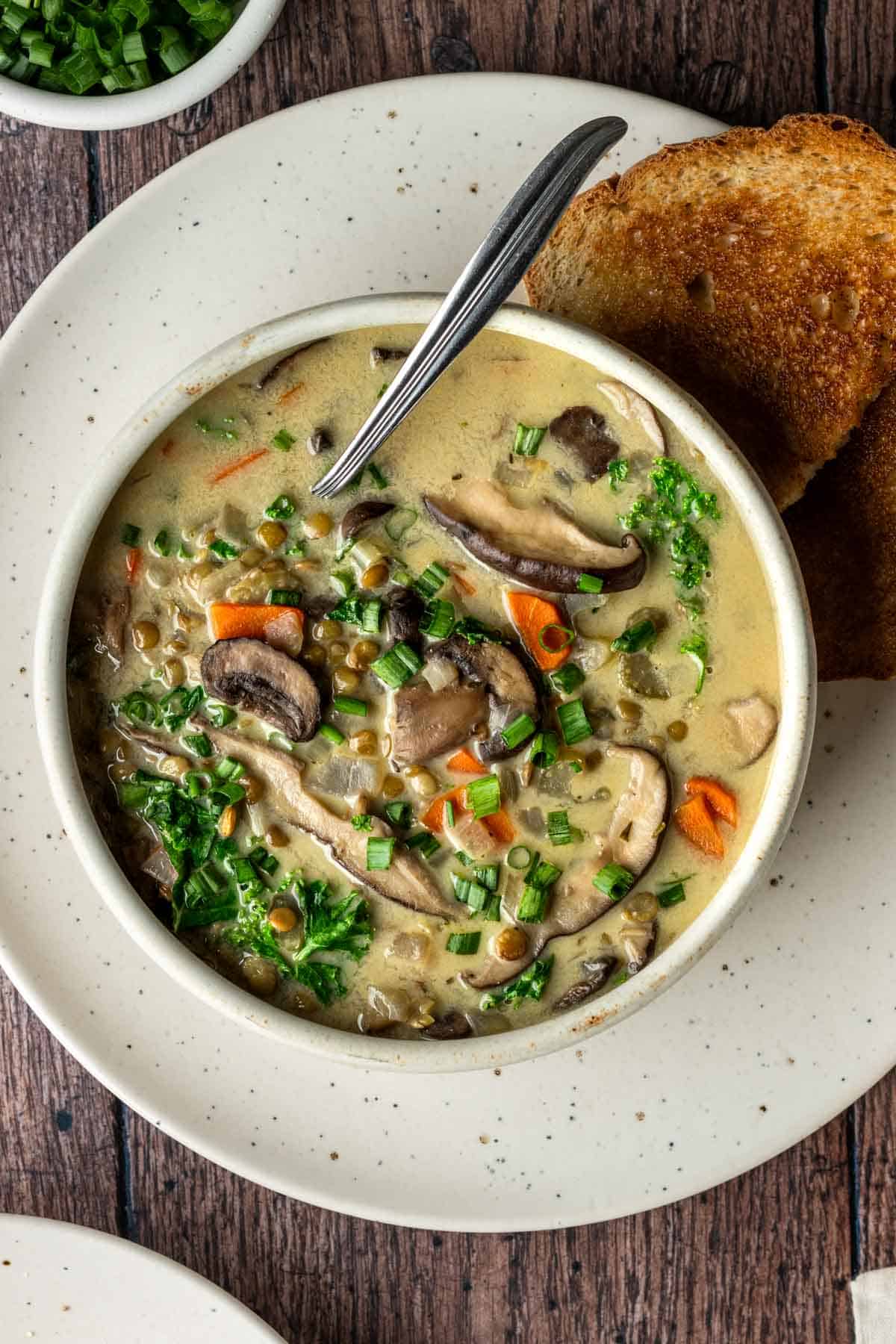 A white bowl of lentil mushroom soup with slices of bread on the side.
