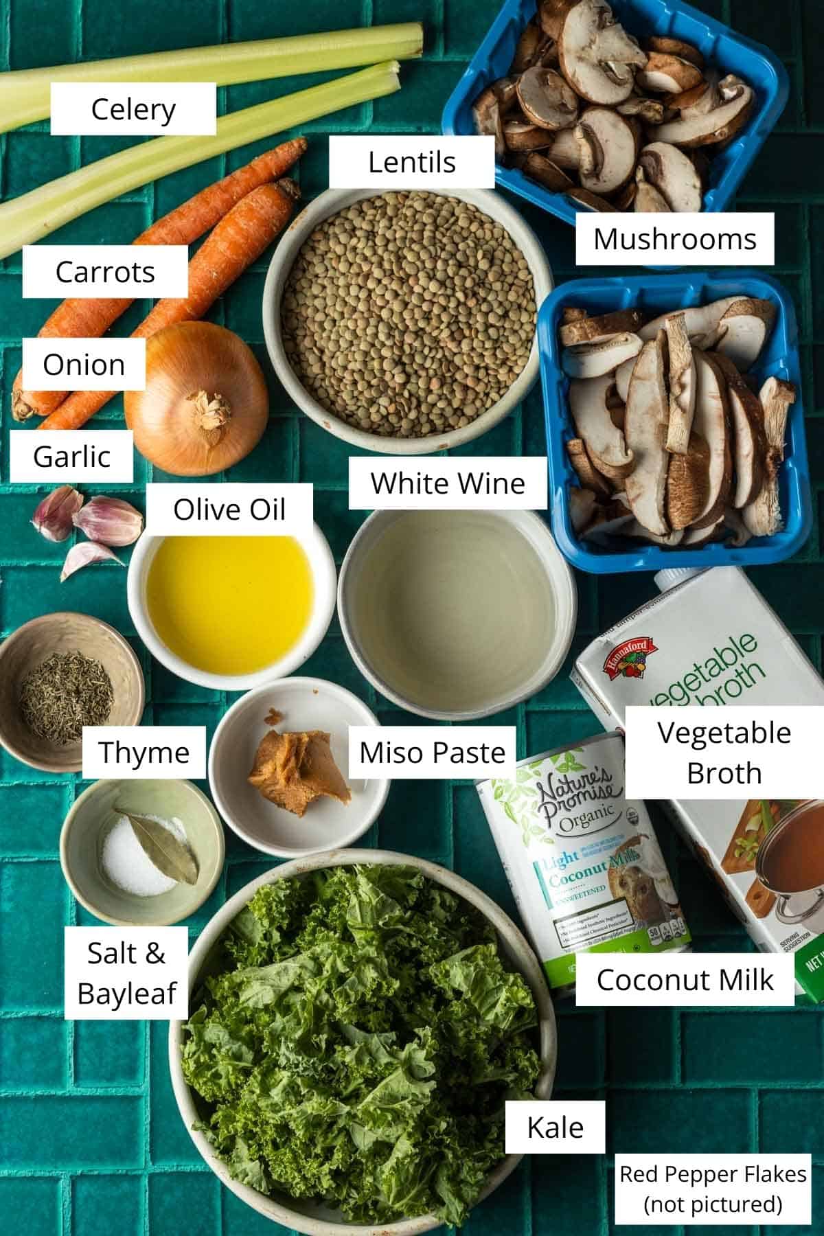 Ingredients for lentil mushroom soup.