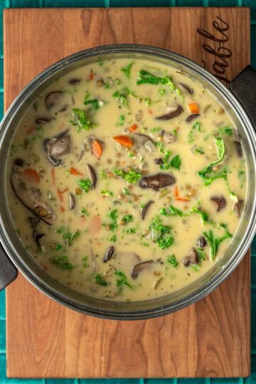 A large pot of creamy mushroom and lentil soup.