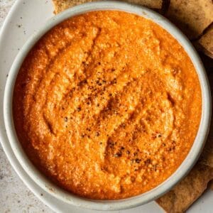 Roasted pepper and feta dip in a bowl.