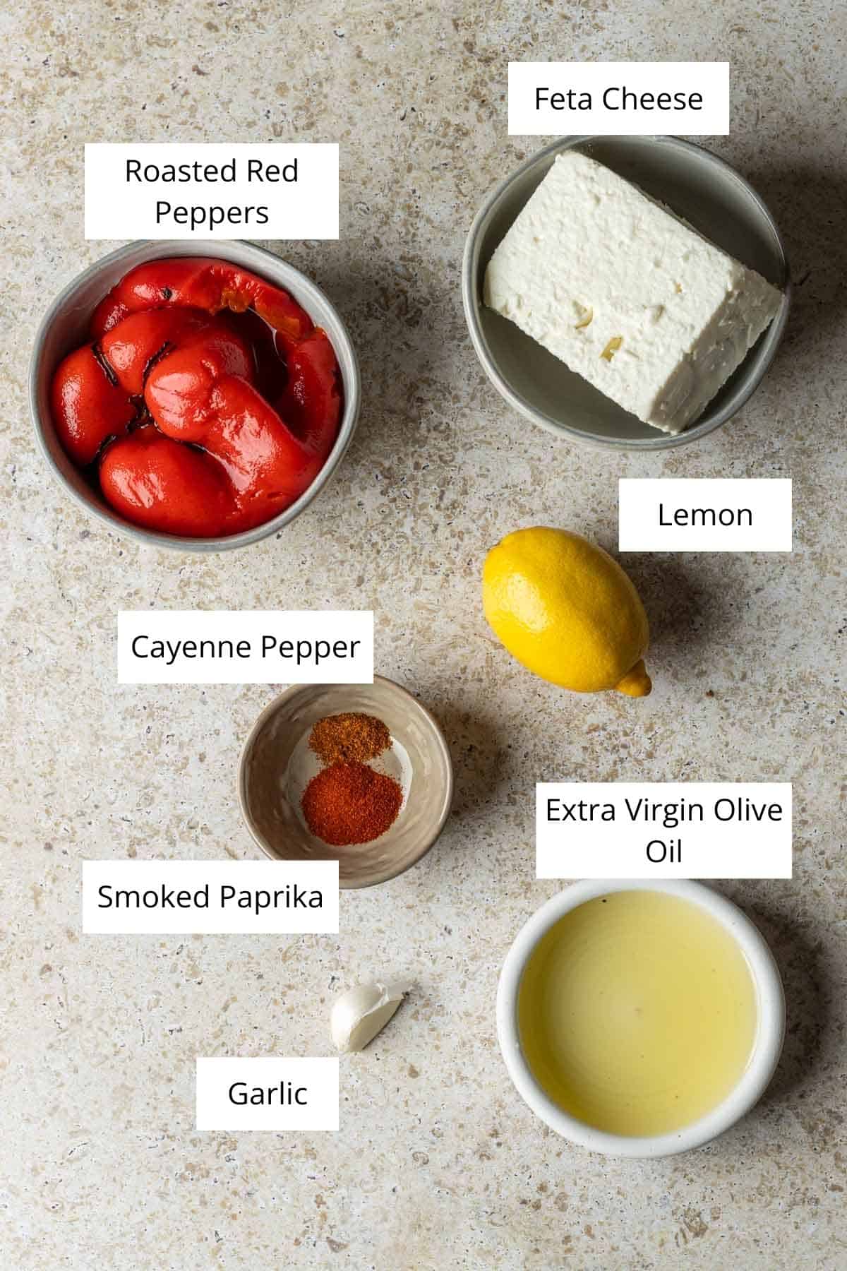 Ingredients for roasted red pepper feta dip.