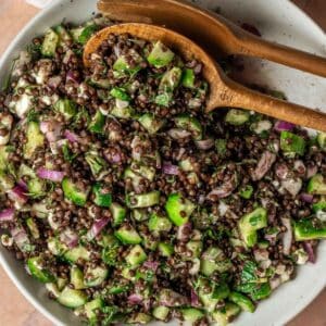 Black lentil salad with cucumber and red onion.