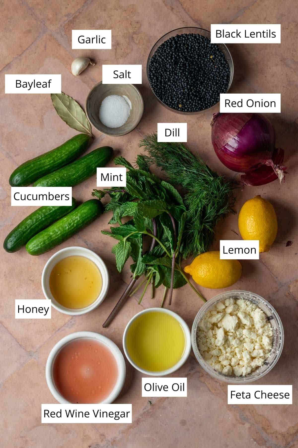 Ingredients for beluga lentil salad.