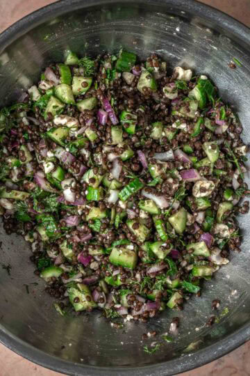 A large mixing bowl of black lentil salad.