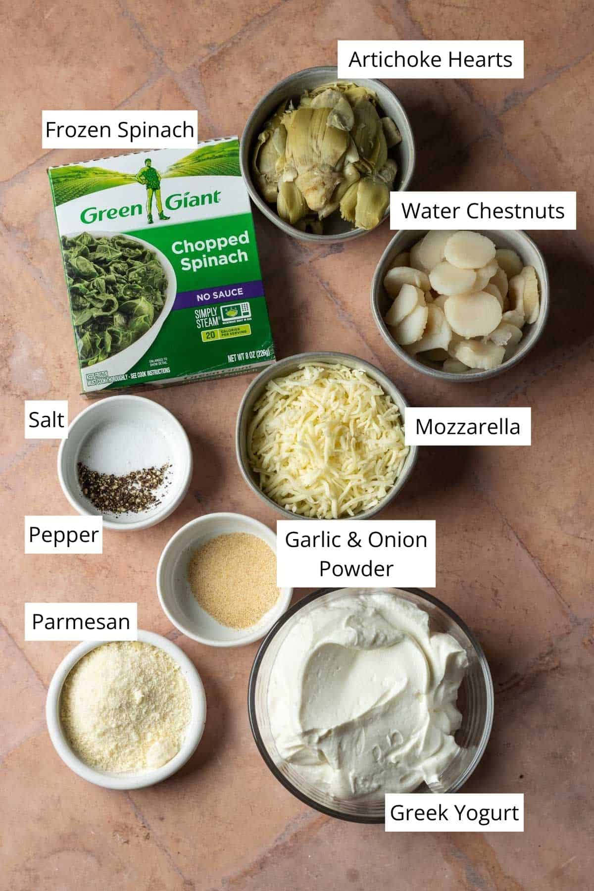 Ingredients for spinach artichoke dip with Greek yogurt.
