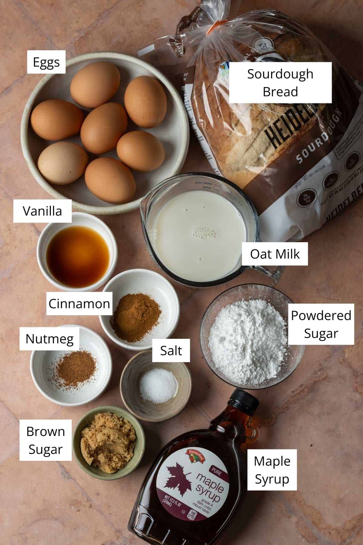 Ingredients for French toast casserole with sourdough bread.