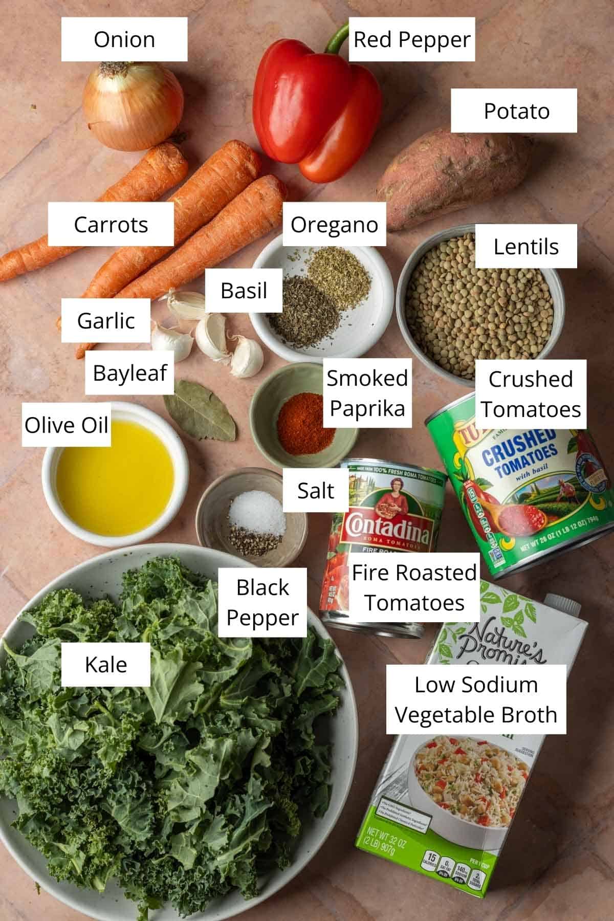 Ingredients for lentil vegetable soup.