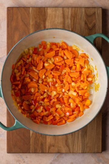 A pot of sautéed vegetables.