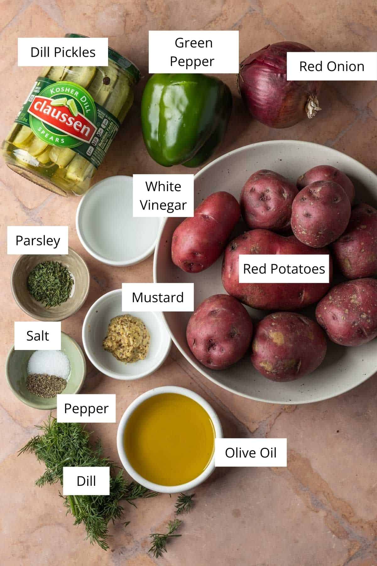 Ingredients to make dill pickle potato salad.