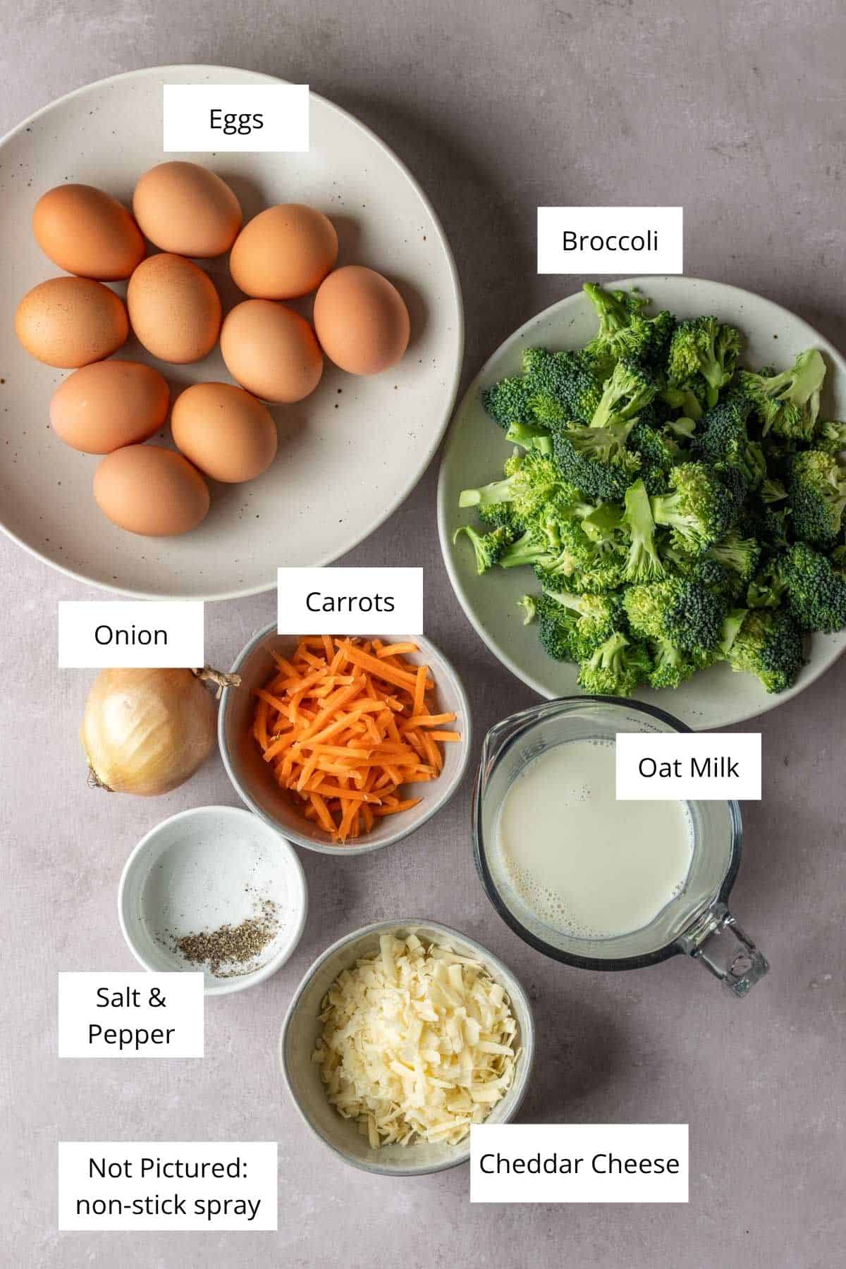 Ingredients for broccoli cheddar egg bake.