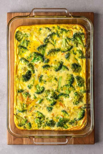 Broccoli egg bake in a dish. .